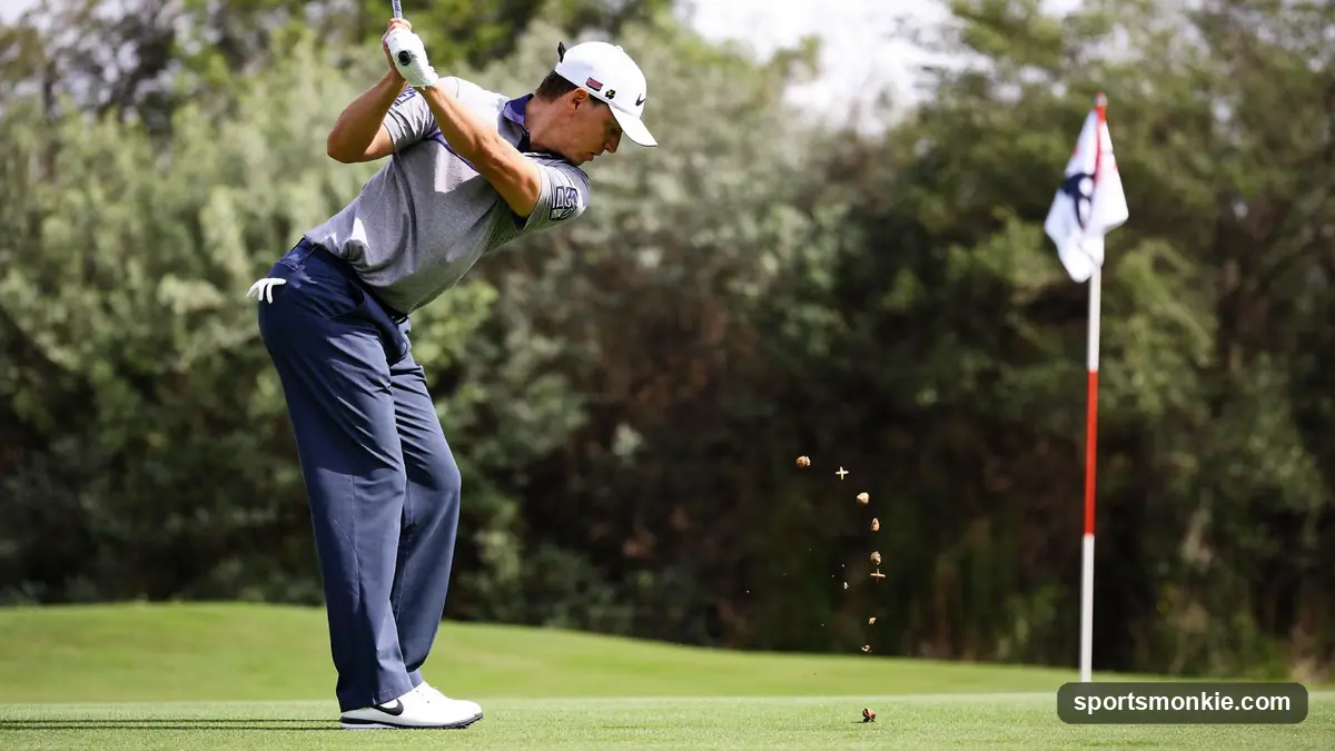 A golfer at the start of the downswing with the trail elbow dropping in front of the hip on a practice range