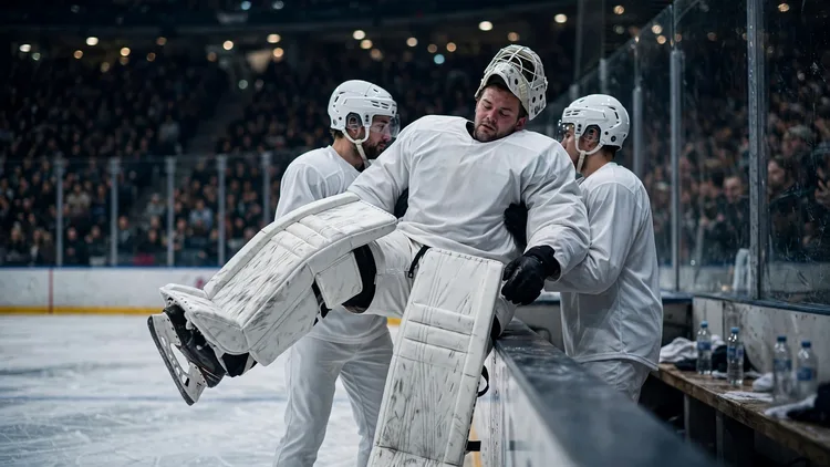 A generic hockey goaltender in a plain white unbranded uniform with large leg pads being helped off the ice toward the bench by two teammates, one leg lifted clear of the ice, editorial graphic