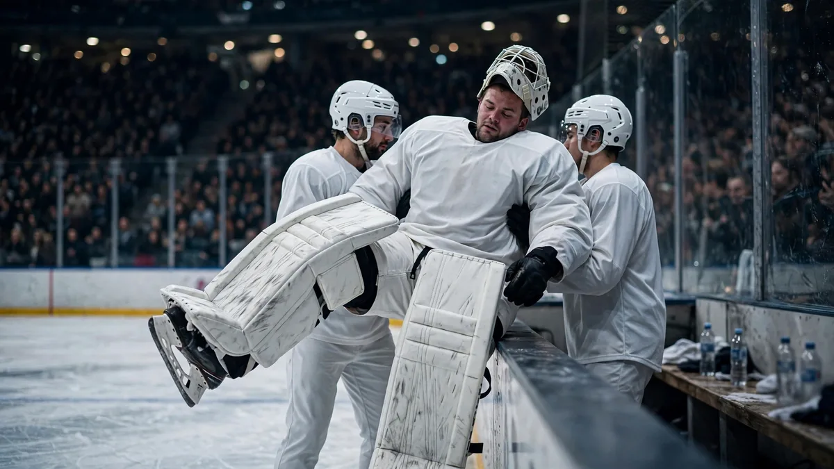 A generic hockey goaltender in a plain white unbranded uniform with large leg pads being helped off the ice toward the bench by two teammates, one leg lifted clear of the ice, editorial graphic