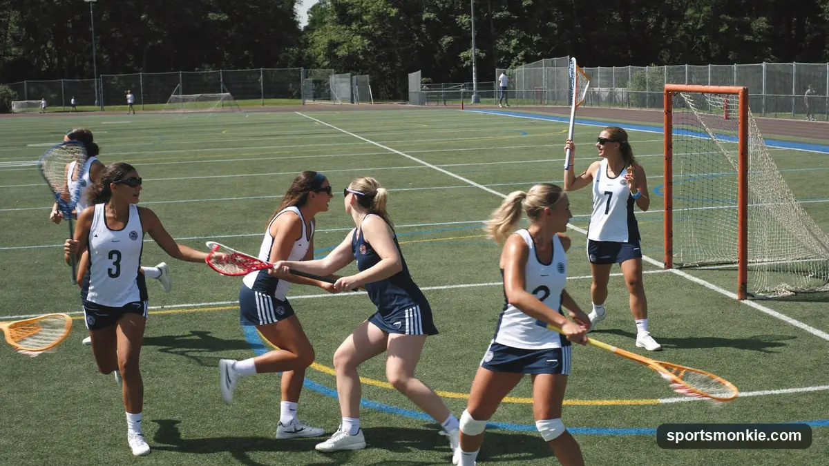 Women's lacrosse attacker driving toward goal as a defender clears the shooting lane