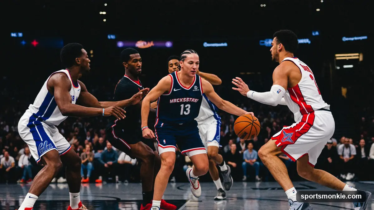 A short basketball guard dribbling past taller defenders on an indoor court