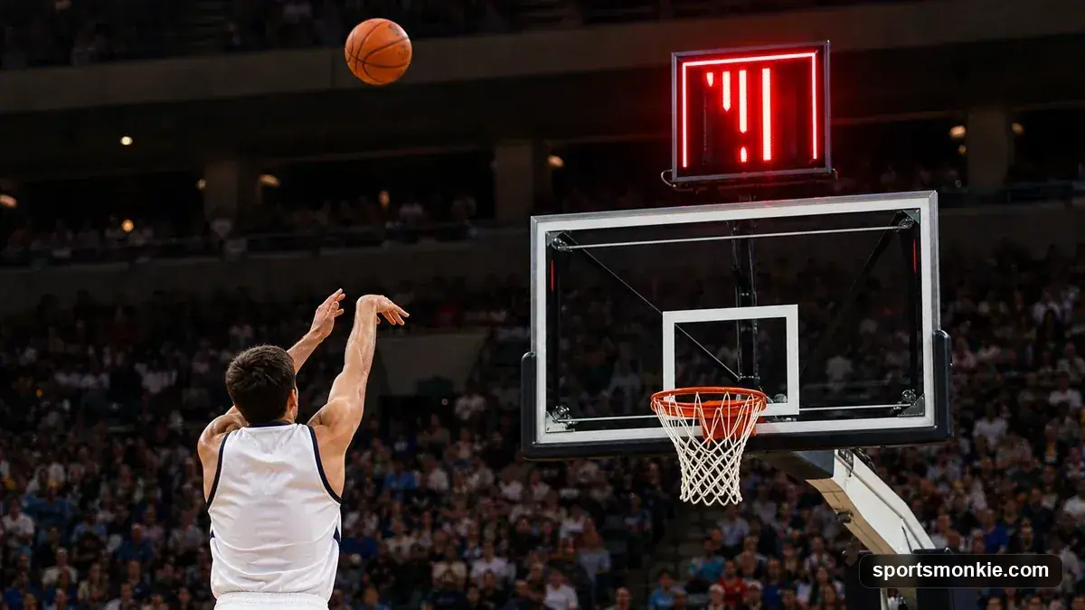 A basketball shot clock counting down above the court