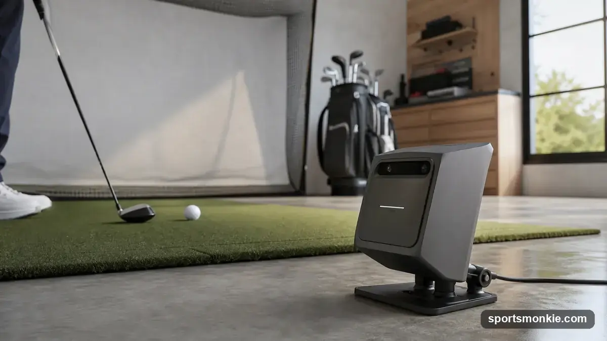 Shot Scope LM1 launch monitor on a driving range mat displaying ball speed and carry distance