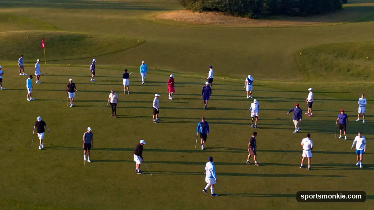Multiple golf groups positioned on different holes across a course ready to tee off at once