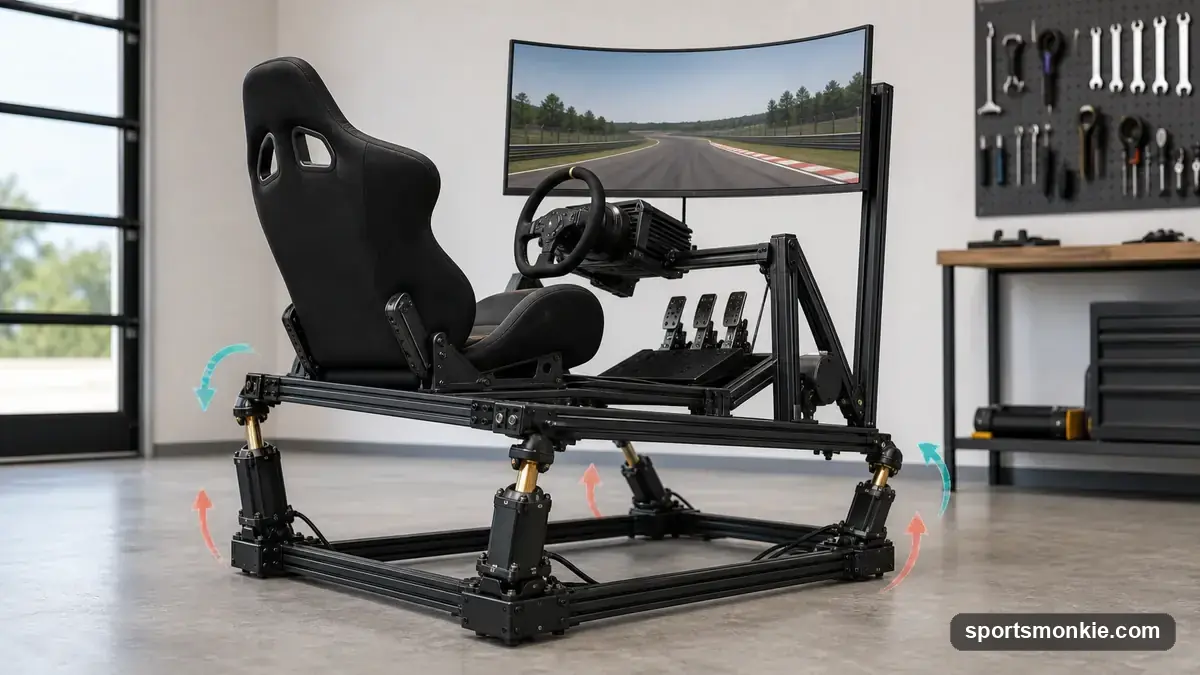 A sim racing cockpit mounted on a motion platform tilting forward to simulate braking G-force
