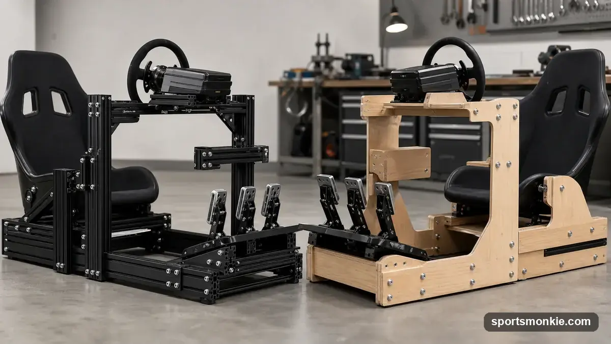 Split comparison of an aluminum extrusion sim racing rig and a DIY wood-frame sim racing rig side by side