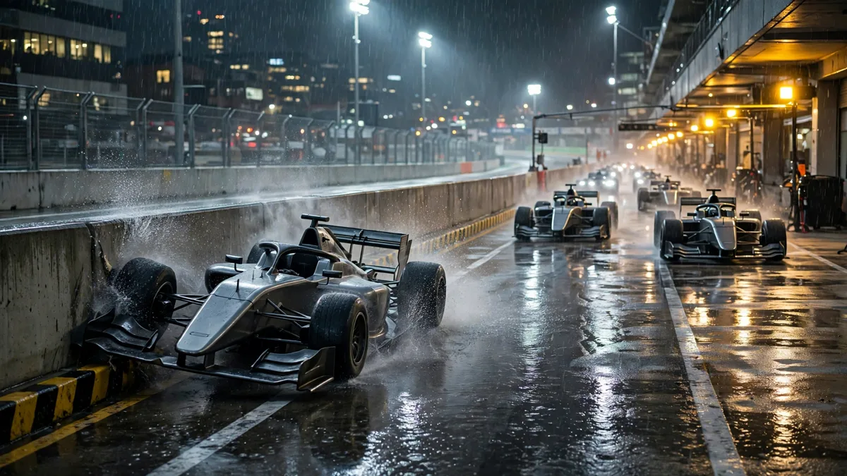 A generic unbranded open-wheel race car spun against a pit wall on a rain-soaked night street circuit while other generic cars file through the pit lane, editorial graphic