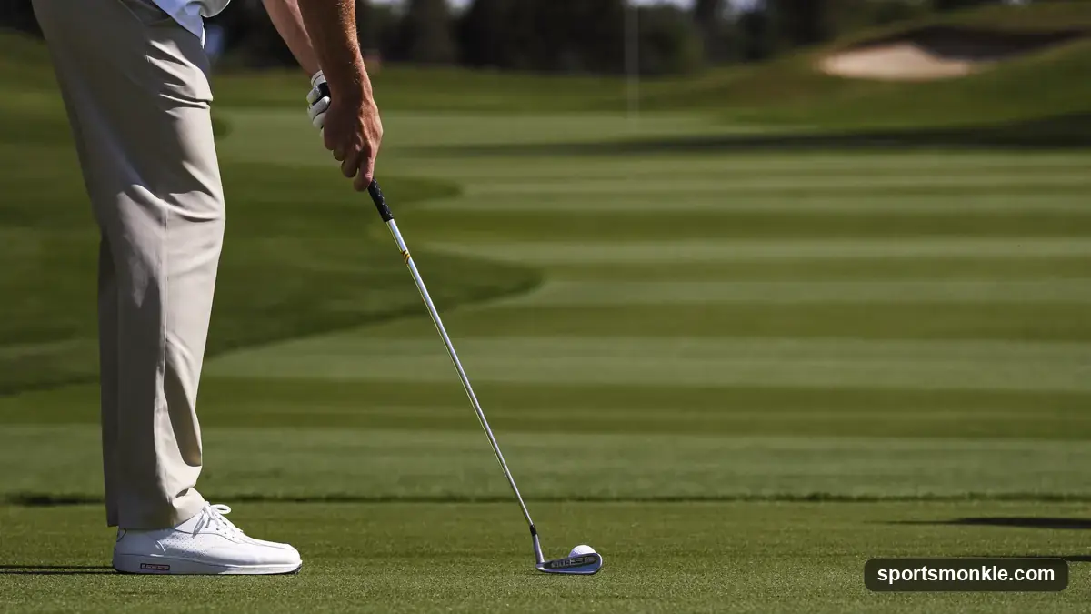 A golfer at address with the club shaft and lead arm forming a single straight line