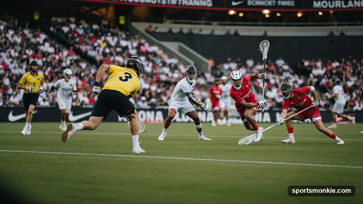 Lacrosse players competing on a compact sixes field in a packed arena