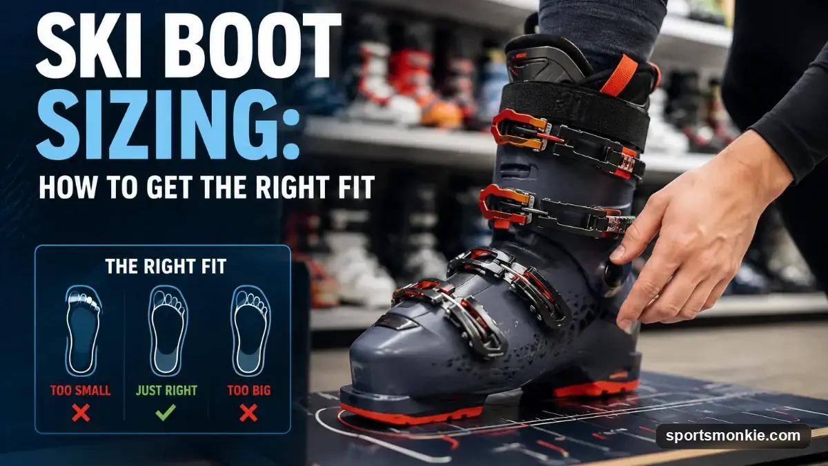 A pair of alpine ski boots being fitted, with a bootfitter checking heel hold and toe room