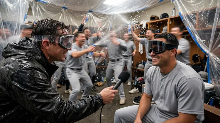 A generic pitcher in a plain grey road uniform and ski goggles being interviewed in a plastic-sheeted clubhouse while a soaked reporter in goggles holds a microphone and teammates celebrate behind them, editorial graphic