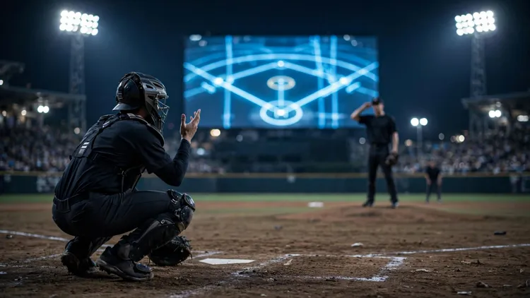 A generic catcher in a plain dark uniform crouched behind home plate with one hand raised near his helmet while a generic pitcher on the mound touches his own head asking for a review, a glowing blue pitch-tracking screen in the outfield behind them, editorial graphic