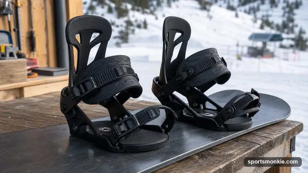 Beginner snowboard bindings with soft flex and adjustable straps mounted on a board