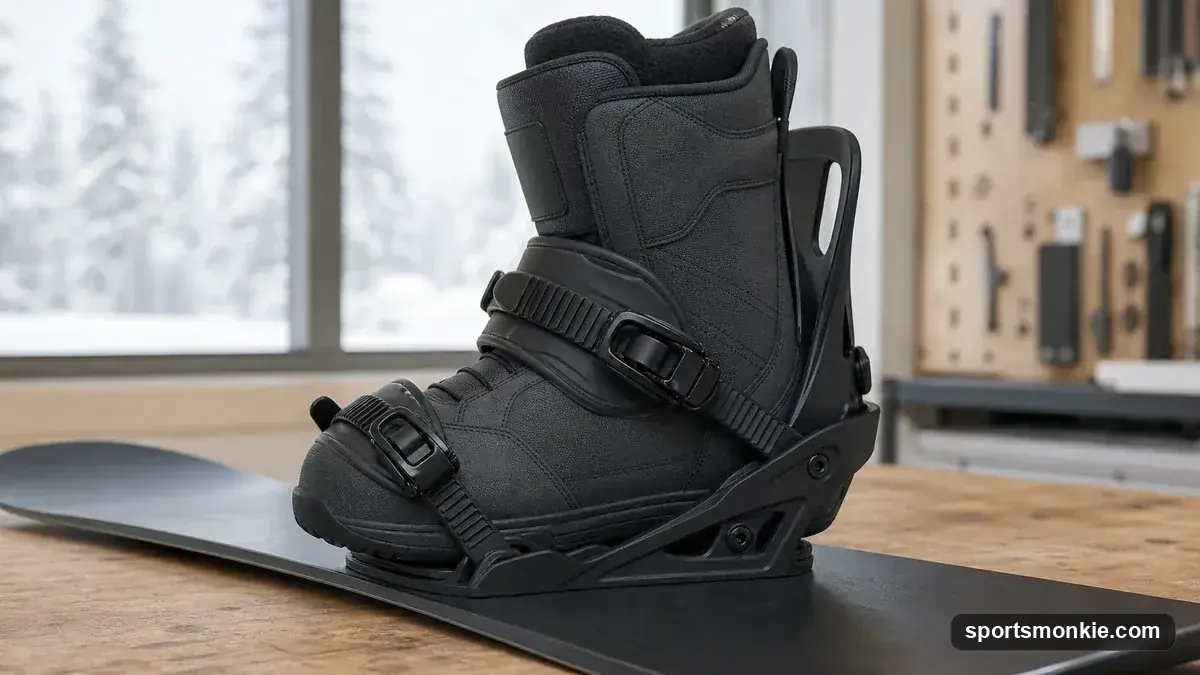 Snowboard bindings size guide showing a boot seated in a binding on a board