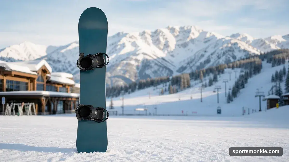 A soft-flexing all-mountain beginner snowboard standing upright in fresh snow