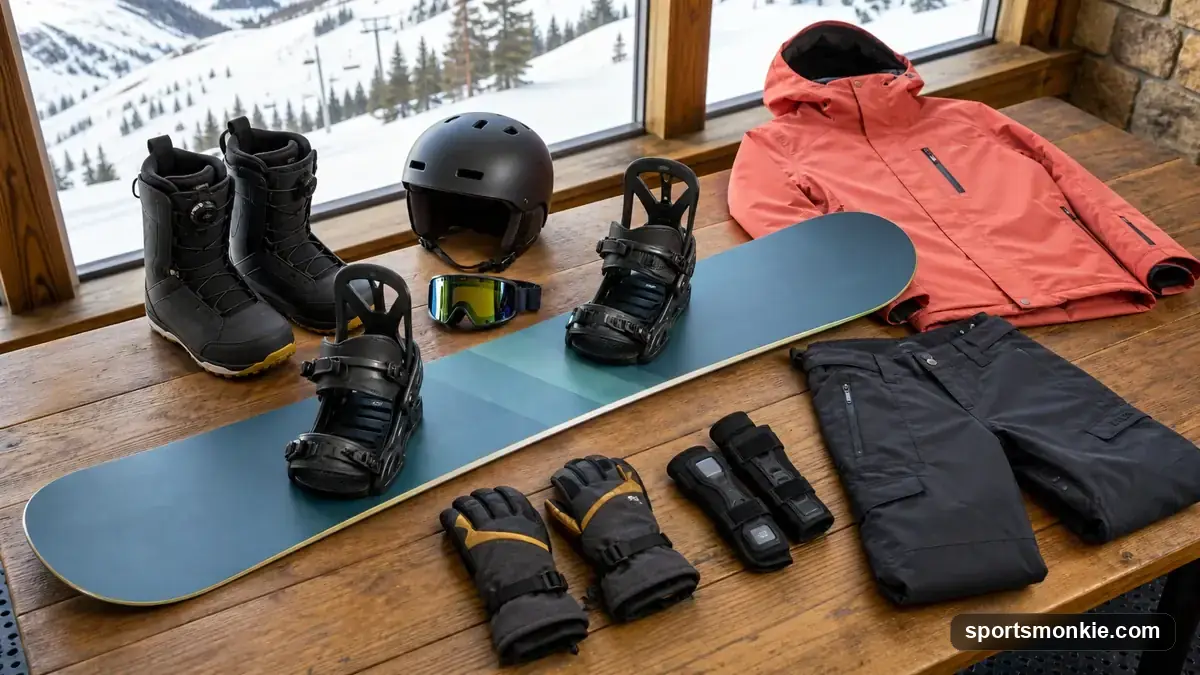Beginner snowboard gear laid out: board, boots, bindings, helmet, goggles, jacket and gloves