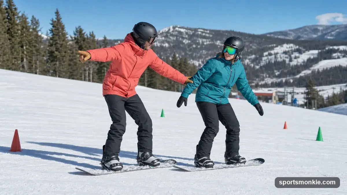 Beginner snowboarder in a group lesson practising a heelside stop on a gentle beginner slope