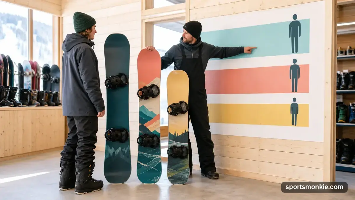 Snowboard size chart showing board length options standing next to a rider for height comparison