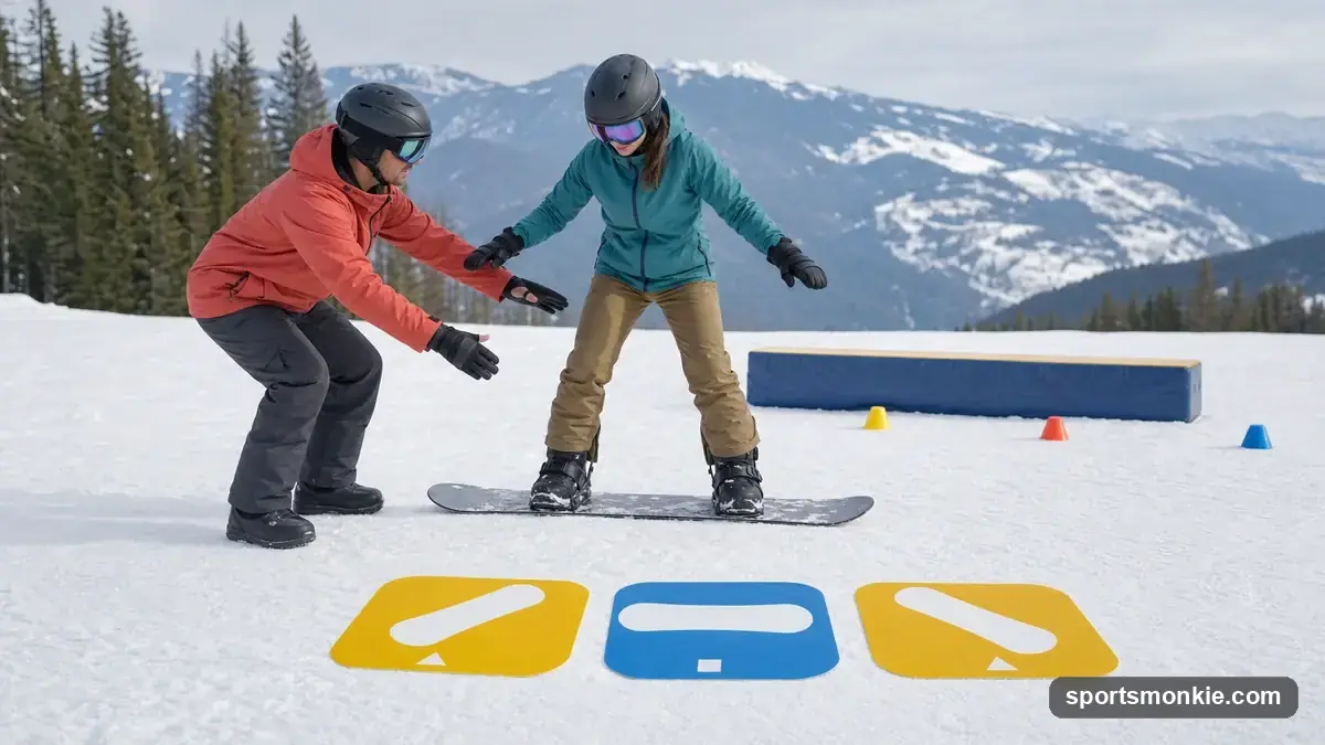 Beginner snowboarder practicing heel-edge control and falling-leaf turns on a gentle slope