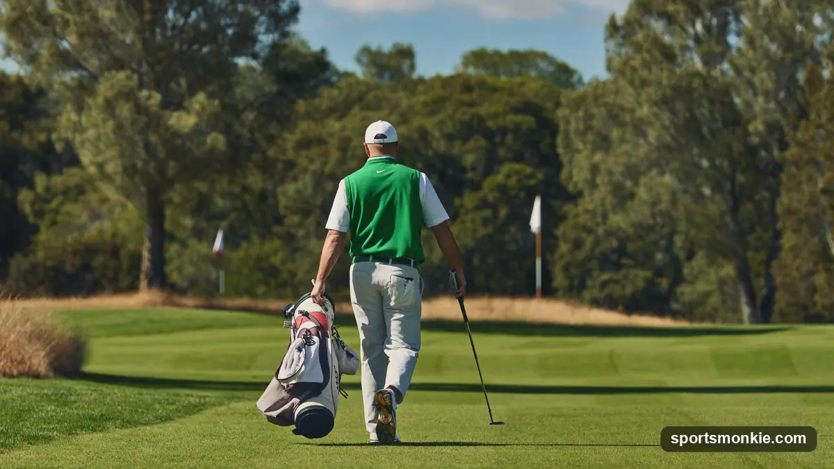 A golfer walking the fairway toward the green carrying a bag on a bright afternoon