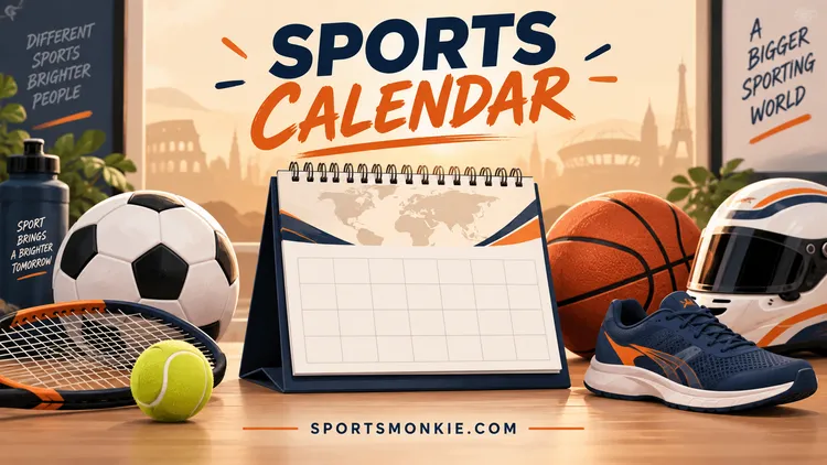 Illustrated sports calendar with a globe, football, tennis racket, basketball, running shoe and racing helmet