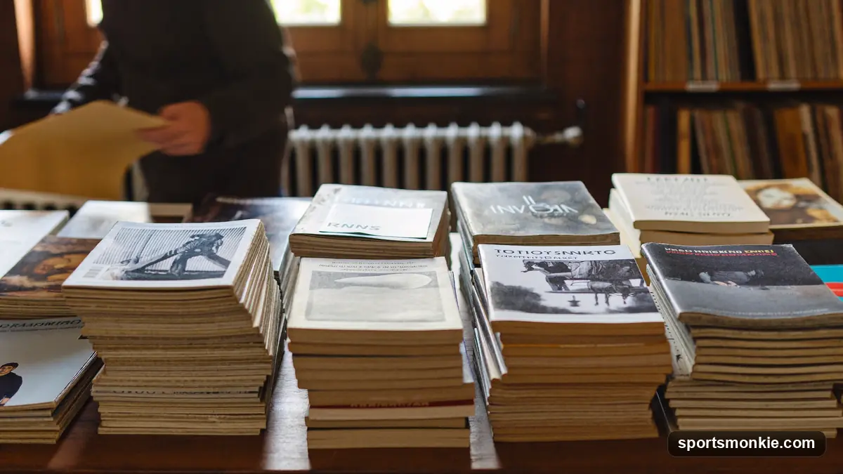 Back issues of a weekly American sports magazine spread across a table in a library archive room, with a reader turning pages