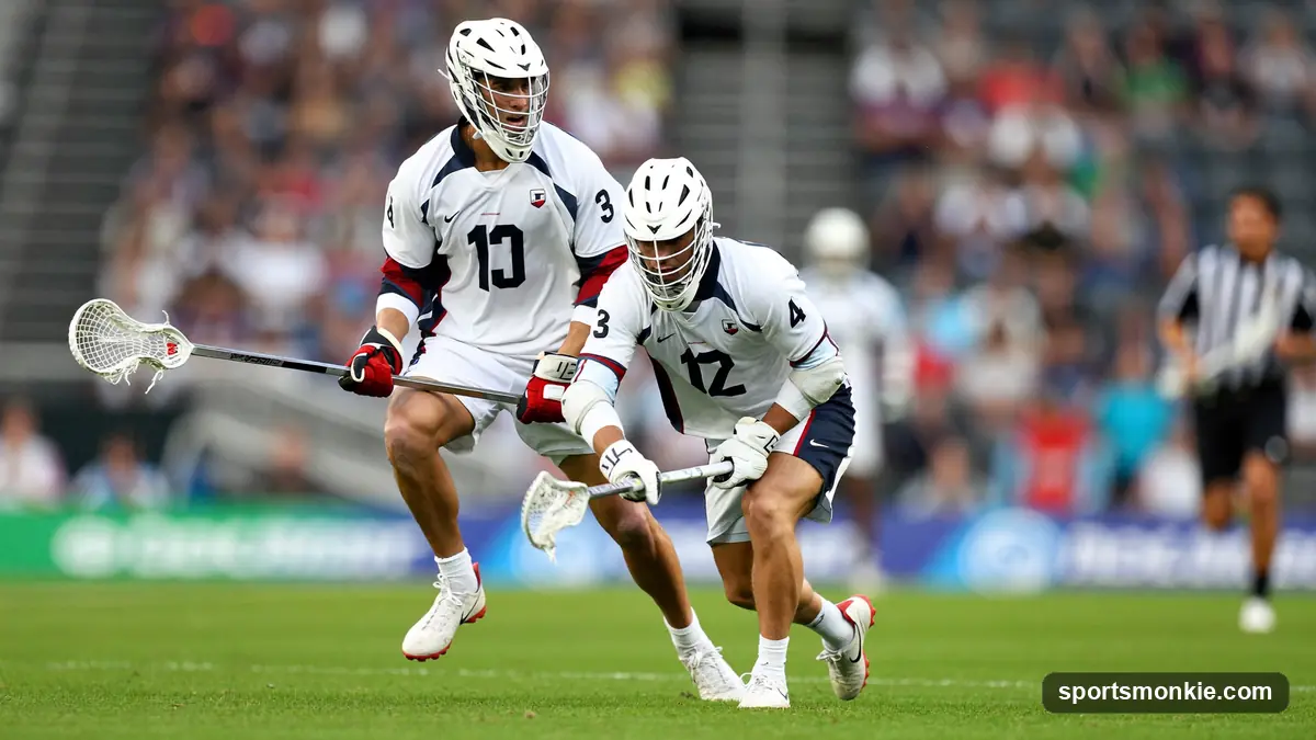 A defensive midfielder pressuring a ball-carrier at midfield during a men's lacrosse game