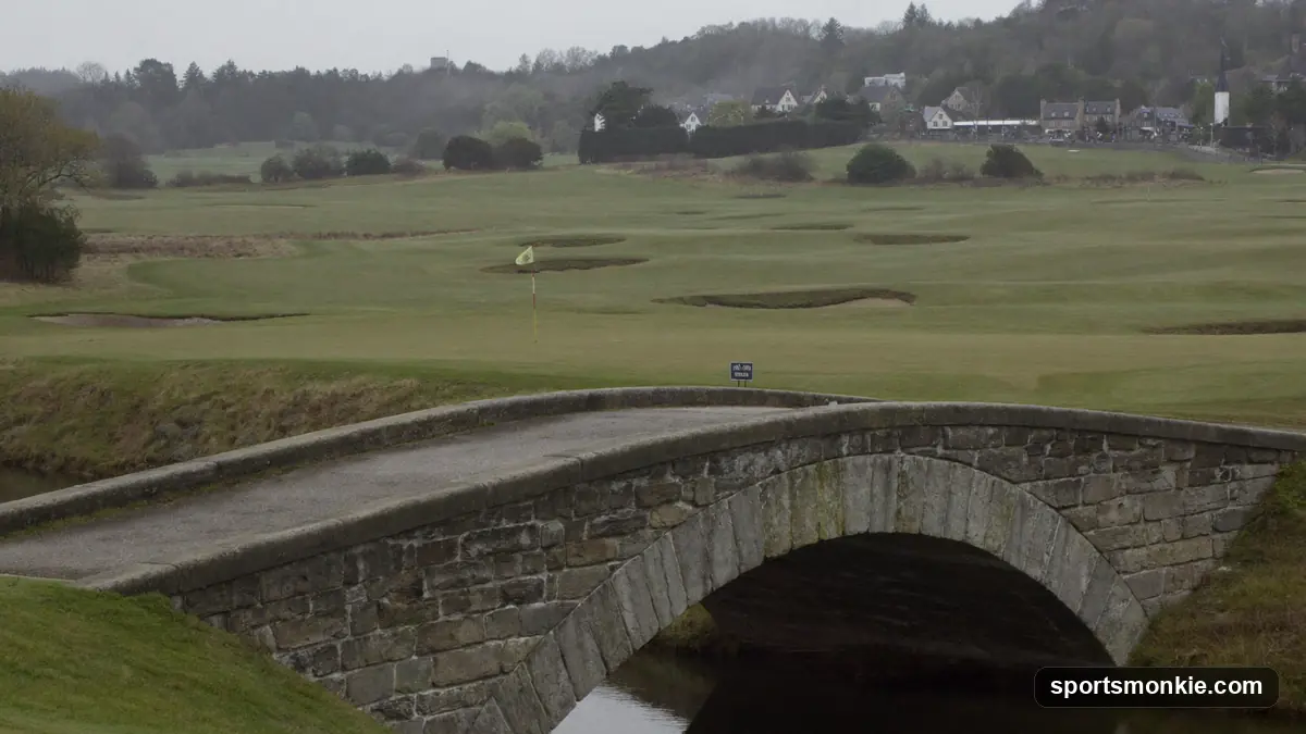 The Swilcan Bridge and 18th fairway of the Old Course at St Andrews on a summer morning
