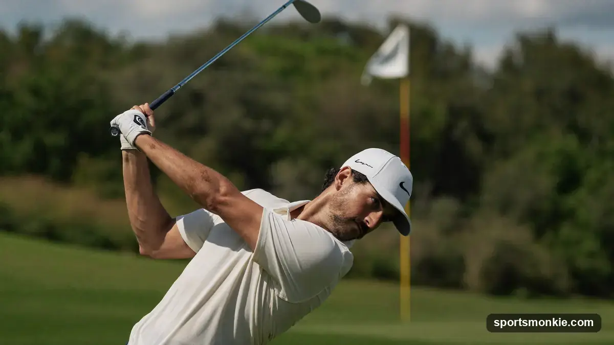A golfer demonstrating the weight-forward, centered position of the stack and tilt swing