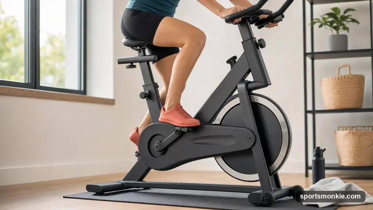 Beginner adjusting the seat height on a stationary bike at home next to a studio spin class in session