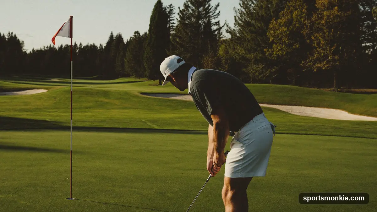 Golfer hitting an approach shot with a rangefinder distance marker on the fairway