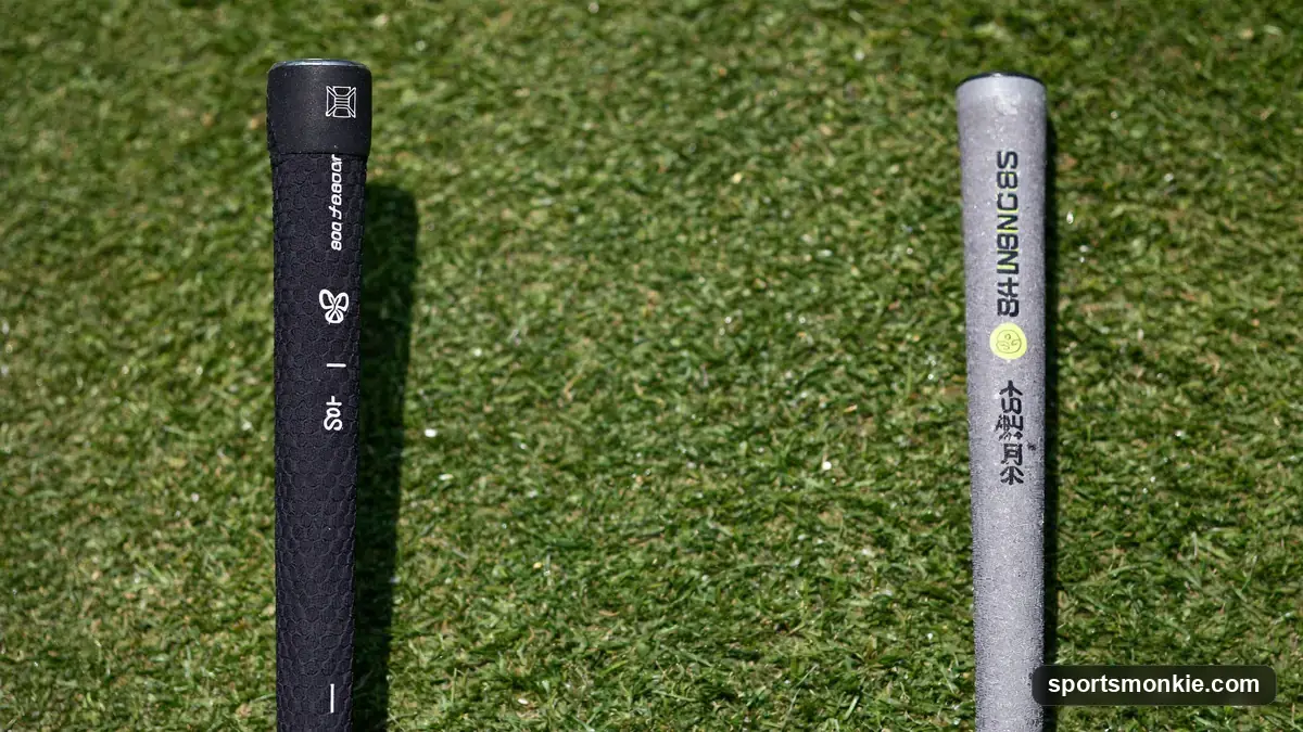 Overhead view comparing a strong golf grip and a weak golf grip on the club handle