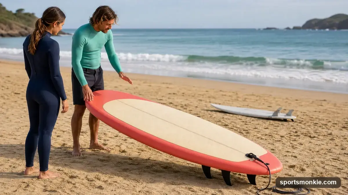 Surfboard for beginners: a soft-top foam longboard resting on sand with small waves breaking behind it