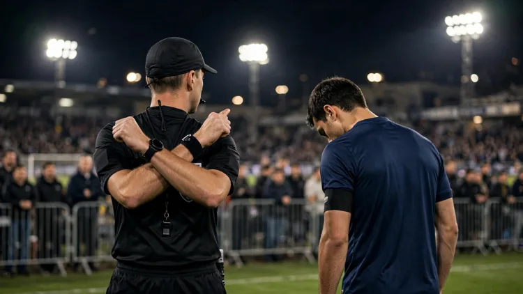 A referee holding crossed forearms in the anti-racism gesture beside a team captain with his head bowed in a floodlit stadium at night, editorial graphic