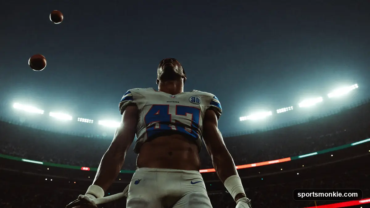 A very tall football lineman standing on the field towering over teammates