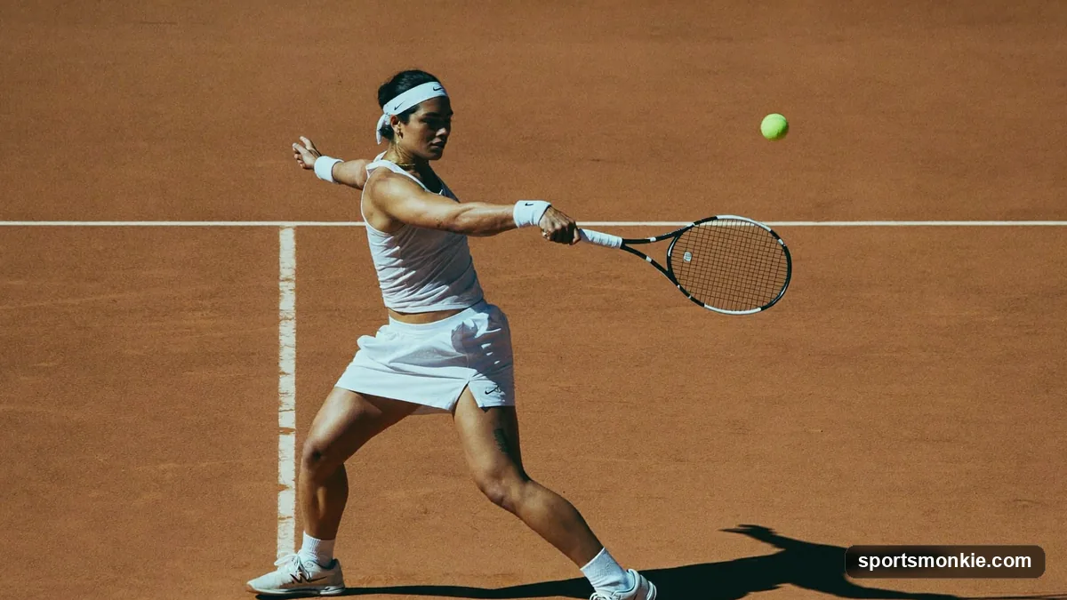 Tennis player hitting a backhand groundstroke on a hard court