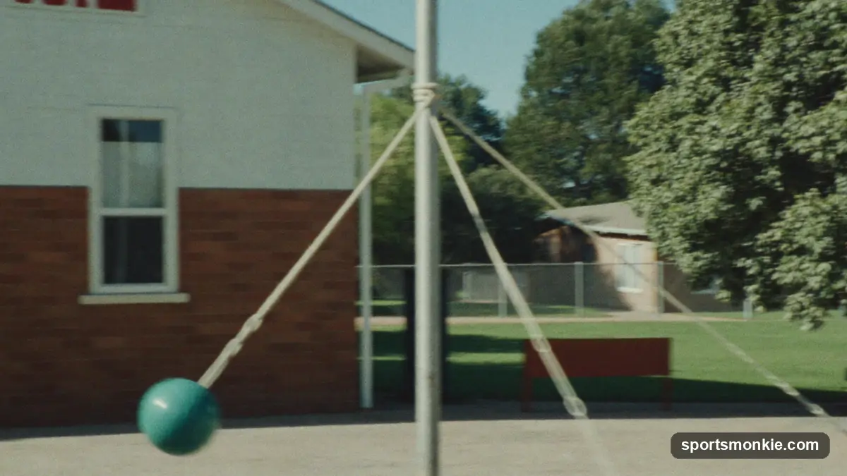 Two players on opposite sides of a tetherball pole hitting the roped ball in opposite directions