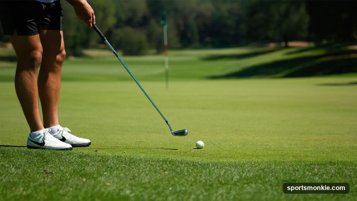 A golfer putting from the fringe just off the green on a firm, sunlit course