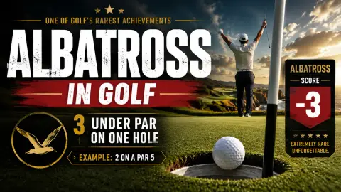 A golf ball dropping into the hole on the green for a rare albatross score