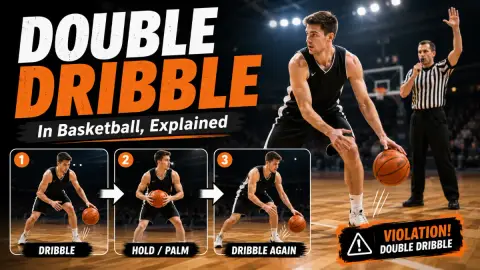 A basketball player dribbling as a referee signals a double dribble violation