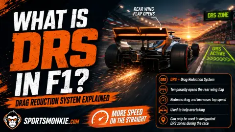 A Formula 1 car with its rear wing flap open in a DRS zone on a straight