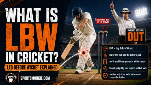 A cricket umpire raising a finger to give an LBW decision with ball-tracking shown