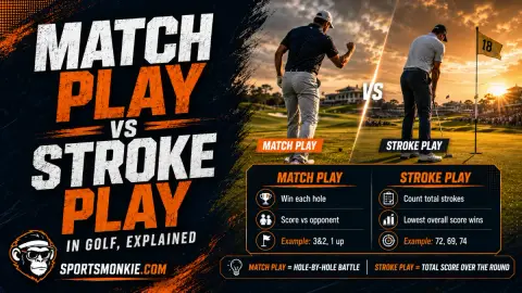 Split image comparing match play and stroke play golfers on a course