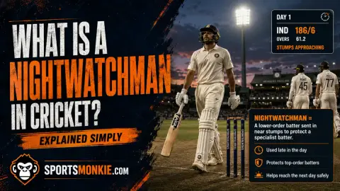 A cricket batter walking out under floodlights late in a day's play as a nightwatchman
