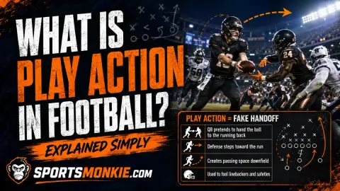 A quarterback faking a handoff on a play-action pass as defenders step toward the run