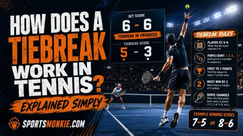 A tennis player serving during a tiebreak with the scoreboard showing 6-6