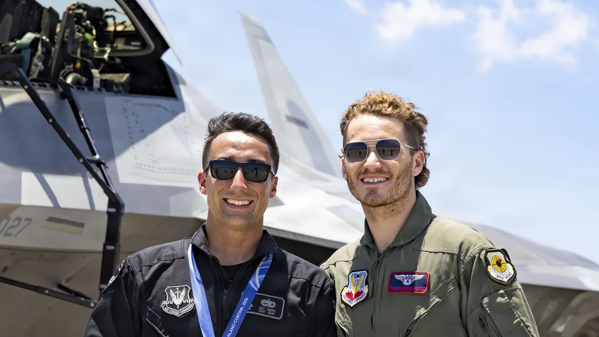 File photo of Matthew Tkachuk (right, sunglasses) with U.S. Air Force Staff Sgt. Guy Smith beside an F-22 in Fort Lauderdale in May 2026. It is not from Wednesday's game in Ottawa.