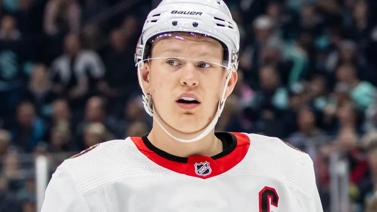 File photo from March 9, 2023: Brady Tkachuk playing for the Ottawa Senators at Seattle, during his time as Ottawa's captain. It does not show Wednesday's game, his first in Ottawa as a Florida Panther. The cropped 16:9 derivative is offered under the same CC BY-SA 2.0 licence as the original.