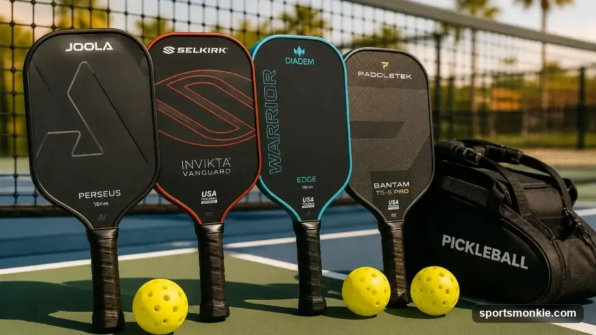 A raw carbon fiber pickleball paddle with a textured face resting on a court beside a yellow ball