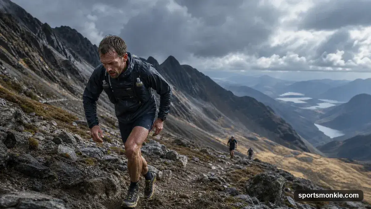 An endurance athlete running on a rugged trail, representing tough endurance sports